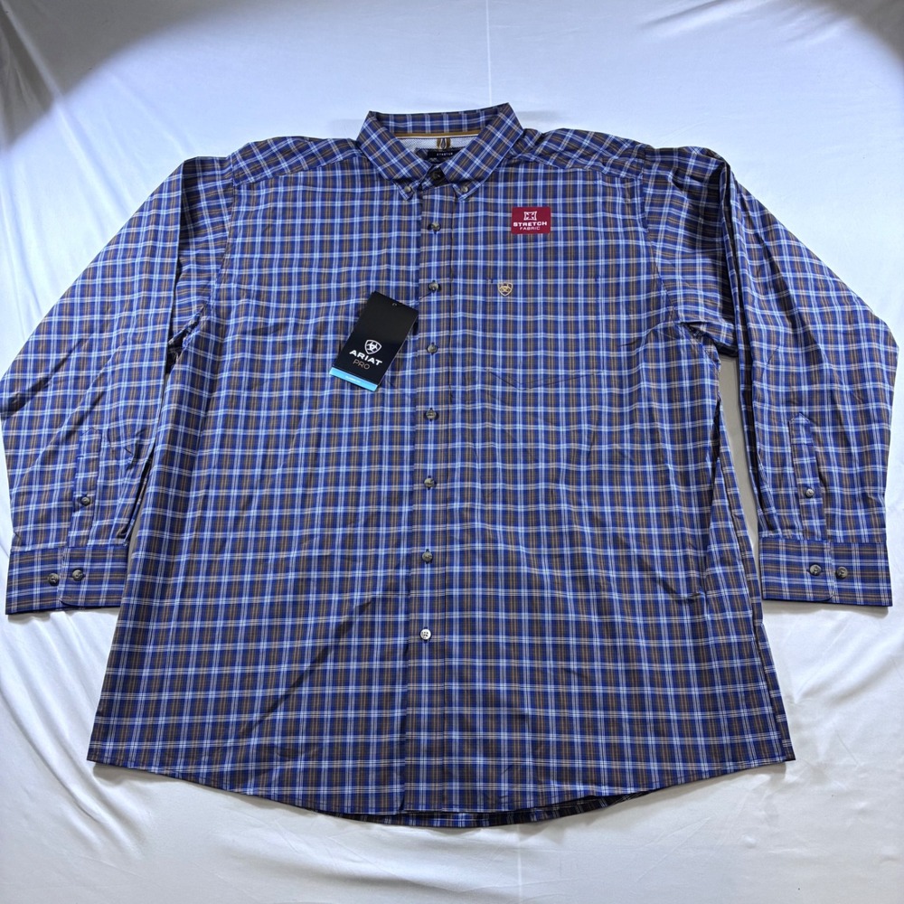 Ariat Pro Giacomo Stretch Plaid Shirt Mens XXL Estate Blue Long Sleeve 10042376